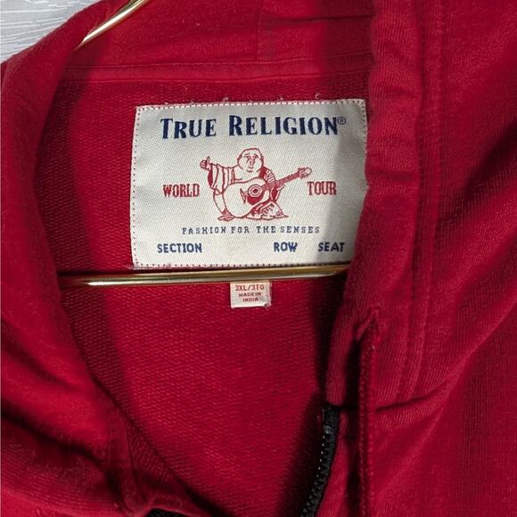 True Religion Hoodie Mens 3XL Red Full Zip Sweater - Picture 3 of 6
